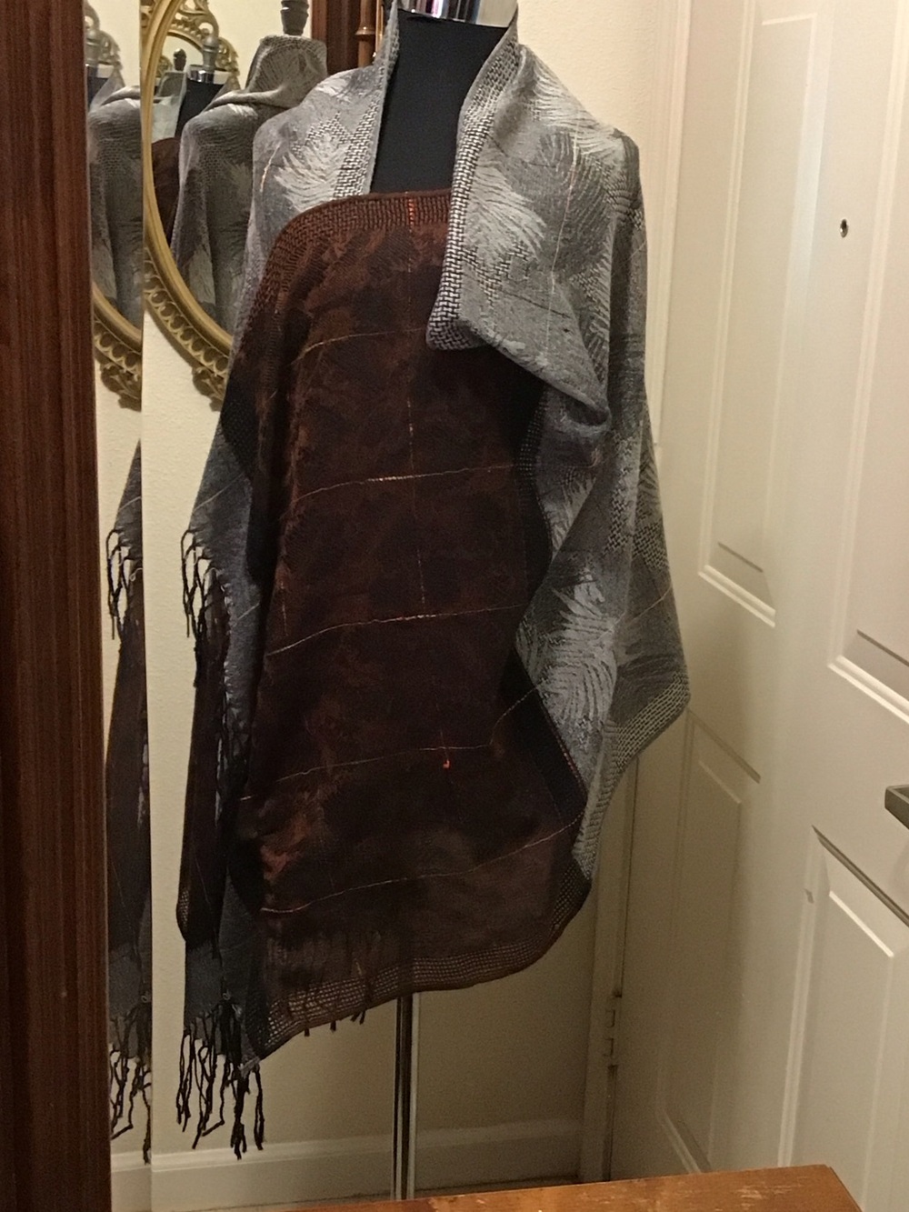 Two-Tone Gray and Brown Shawl Cape Wrap 76x27 Approximately
